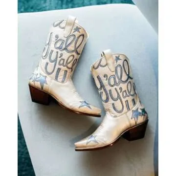 HOCHFART Metallic Cowboy boots for Women Mid Calf Low Heel Pointed Toe Womens Cowgirl Boots Fashion Embroidery Western Pull On Boots