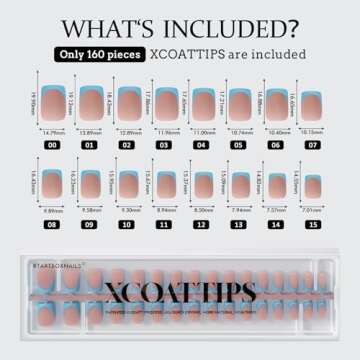BTArtboxnails XCOATTIPS French Tip Press On Nails - Blue Press On Nails Short, Square Fake Nail Tips, 160Pcs Soak Off Soft Gel Acrylic Brown Nail Extension in 16 Sizes