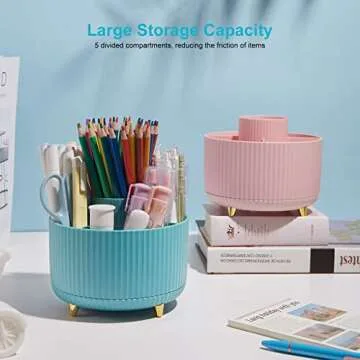 Lolocor 360 Degree Rotation Pen Holder, 5 Slots Office Desk Pen Organizer Multi-Functional Pencil Cup Makeup Brush Holder Office Business Card Pen Pencil Stationery Holder Storage Box Blue