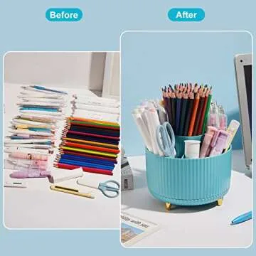 Lolocor 360 Degree Rotation Pen Holder, 5 Slots Office Desk Pen Organizer Multi-Functional Pencil Cup Makeup Brush Holder Office Business Card Pen Pencil Stationery Holder Storage Box Blue