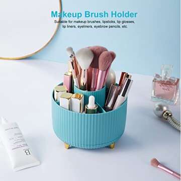 Lolocor 360 Degree Rotation Pen Holder, 5 Slots Office Desk Pen Organizer Multi-Functional Pencil Cup Makeup Brush Holder Office Business Card Pen Pencil Stationery Holder Storage Box Blue