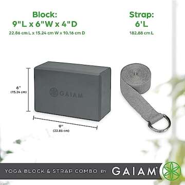 Gaiam Yoga Block & Yoga Strap Combo Set - Yoga Block with Strap, Pilates & Yoga Props to Help Extend & Deepen Stretches, Yoga Kit for Stability, Balance & Optimal Alignment