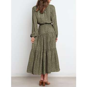 PRETTYGARDEN Womens Maxi Long Sleeve Boho Floral Dresses Fall Causal Wrap V Neck Ruffle Tiered Chiffon Flowy Long Dress(Green,Medium)