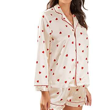 Valentine's Day Pajamas Shorts Set for Women Sweet Heart Pjs Long Sleeve Button Down Shirt+Pants 2 Piece Valentine Jammies Loungewear(Heart A,Small