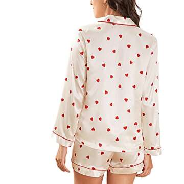Valentine's Day Pajamas Shorts Set for Women Sweet Heart Pjs Long Sleeve Button Down Shirt+Pants 2 Piece Valentine Jammies Loungewear(Heart A,Small