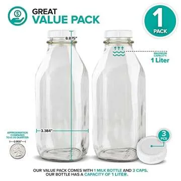 Stock Your Home Liter Glass Milk Bottle with Lid (1 Pack) 32 Oz Jugs and 3 White Caps, Reusable Food...