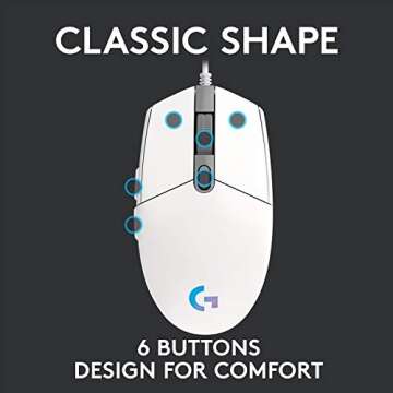 Logitech G203 Wired Gaming Mouse, 8,000 DPI, Rainbow Optical Effect LIGHTSYNC RGB, 6 Programmable Buttons, On-Board Memory, Screen Mapping, PC/Mac Computer and Laptop Compatible - White