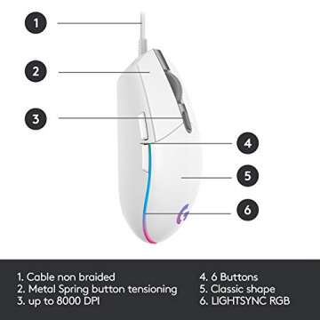 Logitech G203 Wired Gaming Mouse, 8,000 DPI, Rainbow Optical Effect LIGHTSYNC RGB, 6 Programmable Buttons, On-Board Memory, Screen Mapping, PC/Mac Computer and Laptop Compatible - White