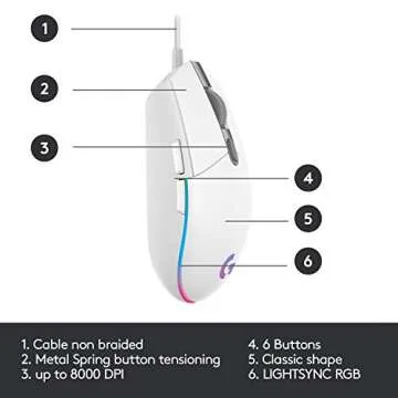 Logitech G203 Wired Gaming Mouse, 8,000 DPI, Rainbow Optical Effect LIGHTSYNC RGB, 6 Programmable Buttons, On-Board Memory, Screen Mapping, PC/Mac Computer and Laptop Compatible - White