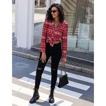 Ekouaer Christmas Sleepwear Lounge Set for Women Soft Cotton Sleepwear Button Down Pjs Top and Pants 2 Piece Sleep Sets Large,Christmas Pattern