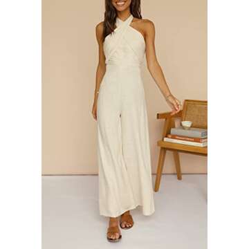 YOVION Women's Solid Color Jumpsuit Off Shoulder Sleeveless Strap Dual Use Halter or Tie Waist Sexy and Casual (Off-White, M)
