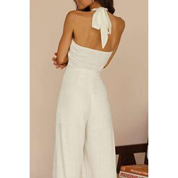 YOVION Women's Solid Color Jumpsuit Off Shoulder Sleeveless Strap Dual Use Halter or Tie Waist Sexy and Casual (Off-White, M)