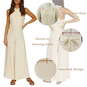 YOVION Women's Solid Color Jumpsuit Off Shoulder Sleeveless Strap Dual Use Halter or Tie Waist Sexy and Casual (Off-White, M)