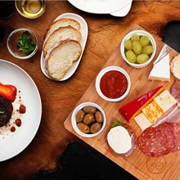 Full-Bundle Cheese Board and Food Serving Set, 13.4 Inches x13.4 Inches Bamboo Charcuterie Board with 4 Wine Coasters, 3 Ceramic Bowls, and Cutlery Set Included