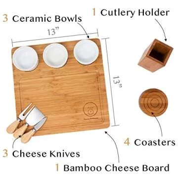 Full-Bundle Cheese Board and Food Serving Set, 13.4 Inches x13.4 Inches Bamboo Charcuterie Board with 4 Wine Coasters, 3 Ceramic Bowls, and Cutlery Set Included