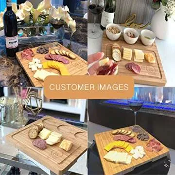Full-Bundle Cheese Board and Food Serving Set, 13.4 Inches x13.4 Inches Bamboo Charcuterie Board with 4 Wine Coasters, 3 Ceramic Bowls, and Cutlery Set Included
