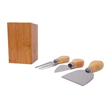 Full-Bundle Cheese Board and Food Serving Set, 13.4 Inches x13.4 Inches Bamboo Charcuterie Board with 4 Wine Coasters, 3 Ceramic Bowls, and Cutlery Set Included