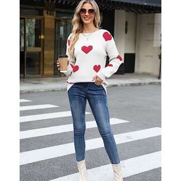 Drvitor Women’s Pullover Sweaters Long Sleeve Crewneck Casual Pullover Cute Heart Pattern Knitted Sweater (White&Red,X-Large)