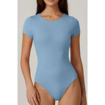 QINSEN Ladies Crewneck Bodysuit in Light Airy Blue
