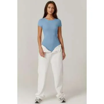 QINSEN Ladies Crewneck Bodysuit in Light Airy Blue