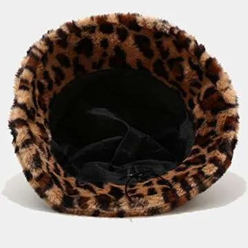 Women's Leopard Print Faux Fur Bucket Hat Fluffy Winter Warmer Plush Fisherman Cap Warm Windproof Hat for Women for Girls