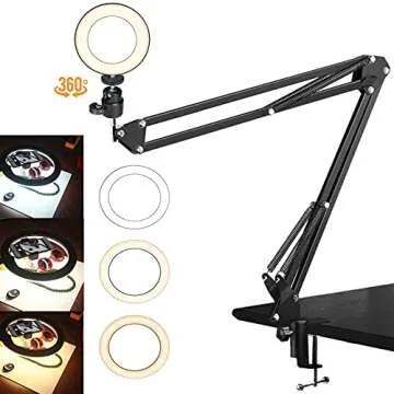 Suspension Scissor Arm Stand Kits with 6 inches Phone Ring Light and Cellphone Holder for Video Conference, Online Lesson, Fits for Mobiles, Cameras,Logitech Webcams Brio C920 C930 C935 C922