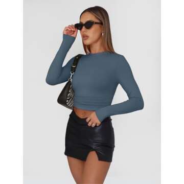 Trendy Queen Womens Long Sleeve Shirts Basic Crop Tops Tight Slim Fit Cute Teen Girls Fall Winter Y2k Clothes Haze Blue XS