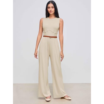 Women's Beige Sleeveless Jumpsuit with Pockets & Wide Leg