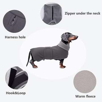 Dachshund Coats Sausage Dog Fleece Coat in Winter Miniature Dachshund Clothes with Hook and Loop Closure and high vis Reflective Trim Safety - Gray - M