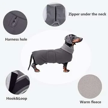 Dachshund Coats Sausage Dog Fleece Coat in Winter Miniature Dachshund Clothes with Hook and Loop Closure and high vis Reflective Trim Safety - Gray - M