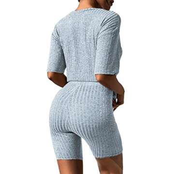 Ekouaer Pajamas 2 Piece Lounge Sets Ribbed Knit Matching Outfits T-shirt Biker Shorts Sleepwear Loun...