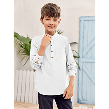 Inorin Boys Linen Shirt Button Up Henley Long Sleeve Dress Shirts Cotton Lightweight Tees Tops with One Pocket White