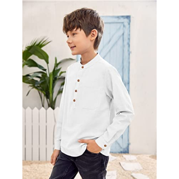 Inorin Boys Linen Shirt Button Up Henley Long Sleeve Dress Shirts Cotton Lightweight Tees Tops with One Pocket White