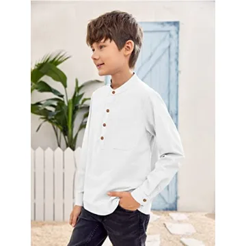 Inorin Boys Linen Shirt Button Up Henley Long Sleeve Dress Shirts Cotton Lightweight Tees Tops with One Pocket White
