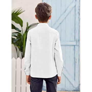 Inorin Boys Linen Shirt Button Up Henley Long Sleeve Dress Shirts Cotton Lightweight Tees Tops with One Pocket White
