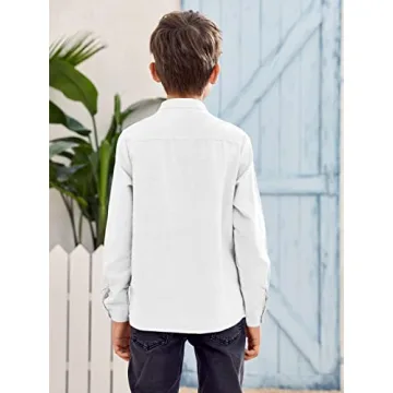 Inorin Boys Linen Shirt Button Up Henley Long Sleeve Dress Shirts Cotton Lightweight Tees Tops with One Pocket White