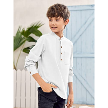 Inorin Boys Linen Shirt Button Up Henley Long Sleeve Dress Shirts Cotton Lightweight Tees Tops with One Pocket White