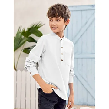 Inorin Boys Linen Shirt Button Up Henley Long Sleeve Dress Shirts Cotton Lightweight Tees Tops with One Pocket White