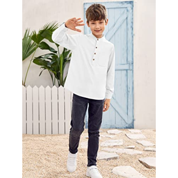 Inorin Boys Linen Shirt Button Up Henley Long Sleeve Dress Shirts Cotton Lightweight Tees Tops with One Pocket White