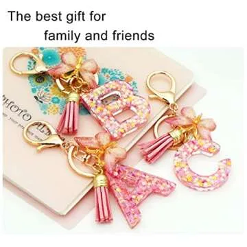 TTYY Initial Letter Keychain for Women Gift for Young Teenage Girl Gifts for Christmas to Mom Daughter Pink tassel (pink snow LetterE)