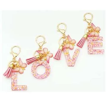 TTYY Initial Letter Keychain for Women Gift for Young Teenage Girl Gifts for Christmas to Mom Daughter Pink tassel (pink snow LetterE)