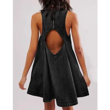TBETNE Women's Sleeveless Denim Mini Dress with Pockets