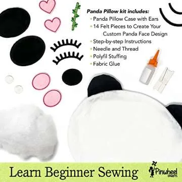 Pinwheel Crafts Beginner Sewing Kit for Kids 8-12 - Easy DIY Panda Pillow Kit - Learn to Sew - Kids Sewing Craft Gifts - Make Your Own Stuffed Animal Panda Plush Toy