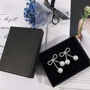 Rhinestones Bow Drop Pearl Earrings for Women Cute Pearl Dangle Sparkle Bow Silver Earrings Long Cha...