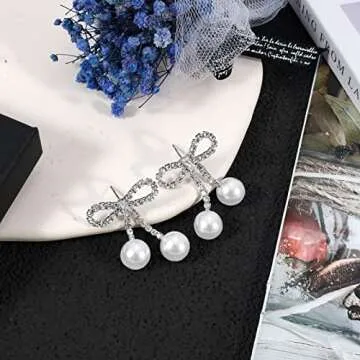 Rhinestones Bow Drop Pearl Earrings for Women Cute Pearl Dangle Sparkle Bow Silver Earrings Long Chain Pearl Tassel Wedding Statement Earrings for Bride Jewelry Gifts for Her Birthday Christmas