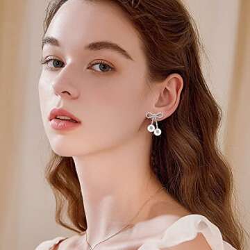 Rhinestones Bow Drop Pearl Earrings for Women Cute Pearl Dangle Sparkle Bow Silver Earrings Long Chain Pearl Tassel Wedding Statement Earrings for Bride Jewelry Gifts for Her Birthday Christmas