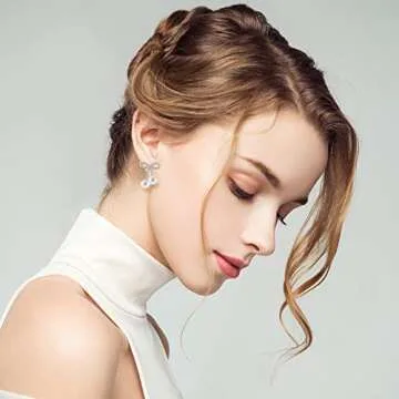 Rhinestones Bow Drop Pearl Earrings for Women Cute Pearl Dangle Sparkle Bow Silver Earrings Long Chain Pearl Tassel Wedding Statement Earrings for Bride Jewelry Gifts for Her Birthday Christmas