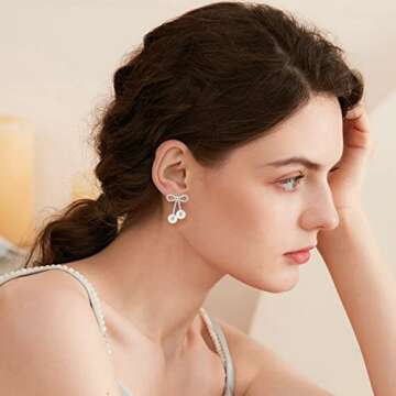 Rhinestones Bow Drop Pearl Earrings for Women Cute Pearl Dangle Sparkle Bow Silver Earrings Long Chain Pearl Tassel Wedding Statement Earrings for Bride Jewelry Gifts for Her Birthday Christmas