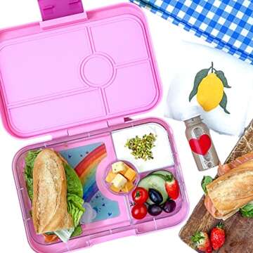 Yumbox Tapas Leakproof Bento Box, Lunch box for women, Teens and Kids, Large size, 4 compartment tray with large section for sandwich, salads plus sides and dip well (Capri Pink - Rainbow)