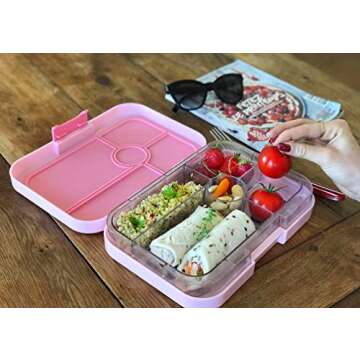 Yumbox Tapas Leakproof Bento Box, Lunch box for women, Teens and Kids, Large size, 4 compartment tray with large section for sandwich, salads plus sides and dip well (Capri Pink - Rainbow)
